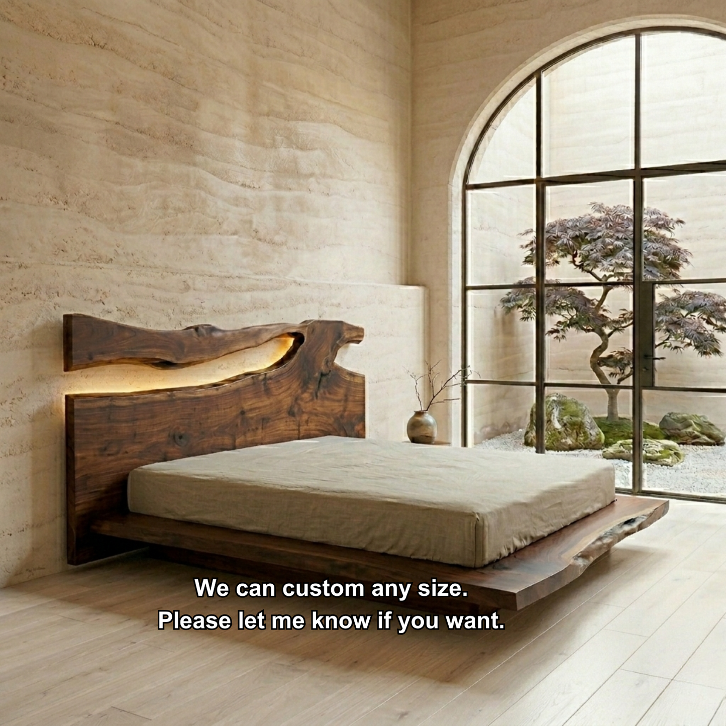 Live Edge Solid Wood Platform Bed Frame with Natural Slab Headboard