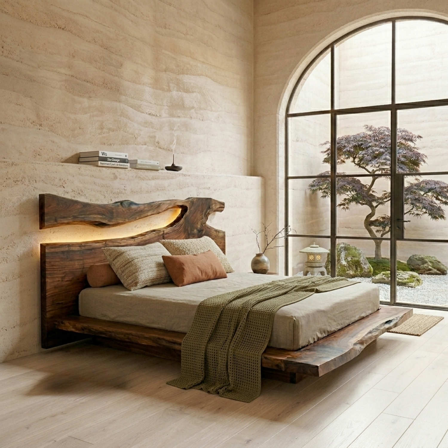 Live Edge Solid Wood Platform Bed Frame with Natural Slab Headboard