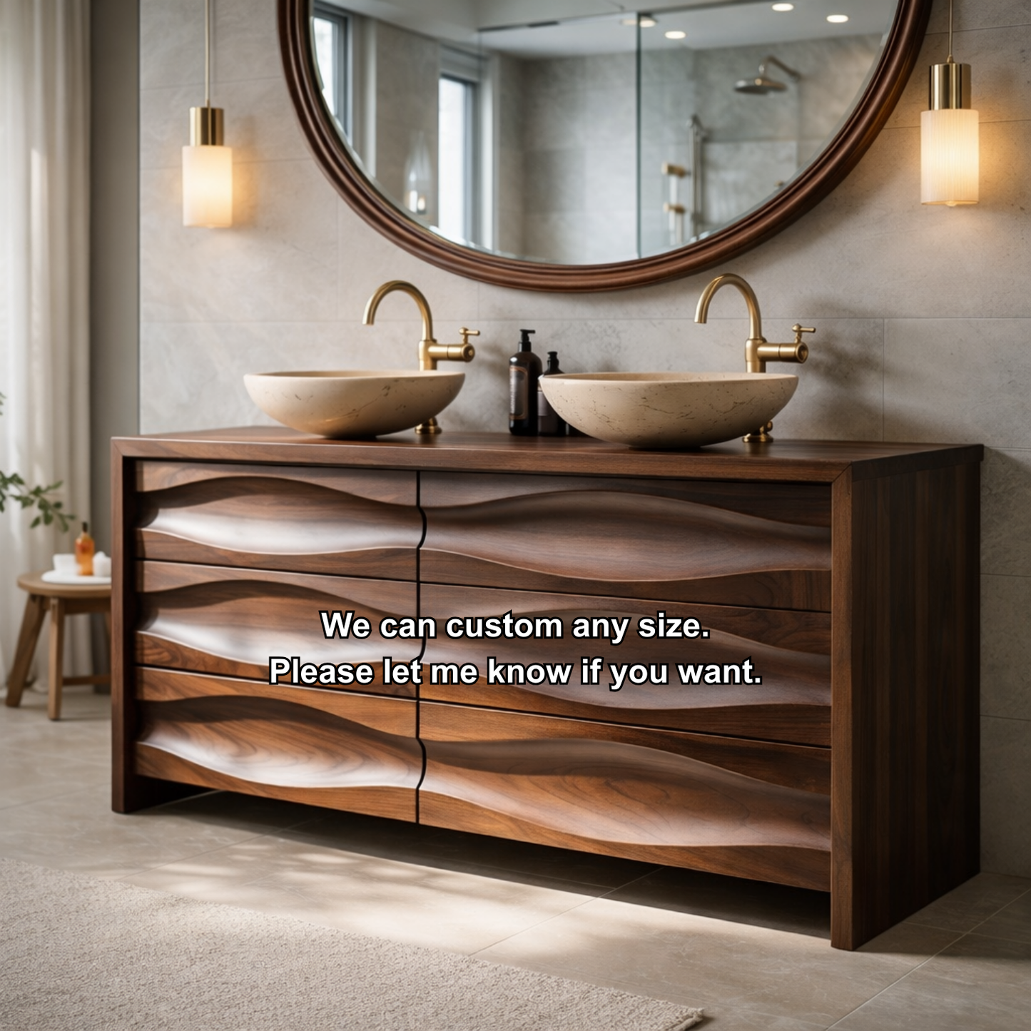 Solid Wood Double Sink Bathroom Vanity with Sculpted Wave Drawers