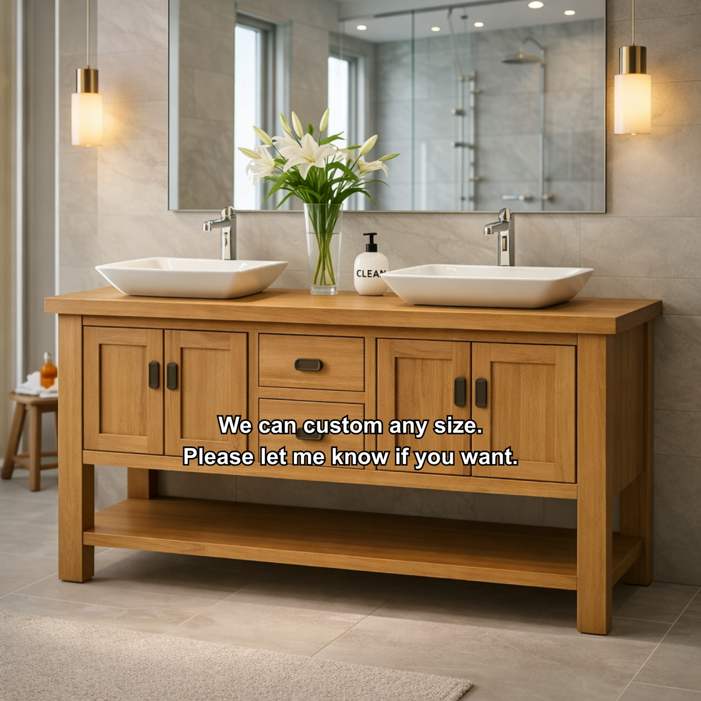 Solid Wood Double Sink Bathroom Vanity with Shaker Doors & Open Shelf