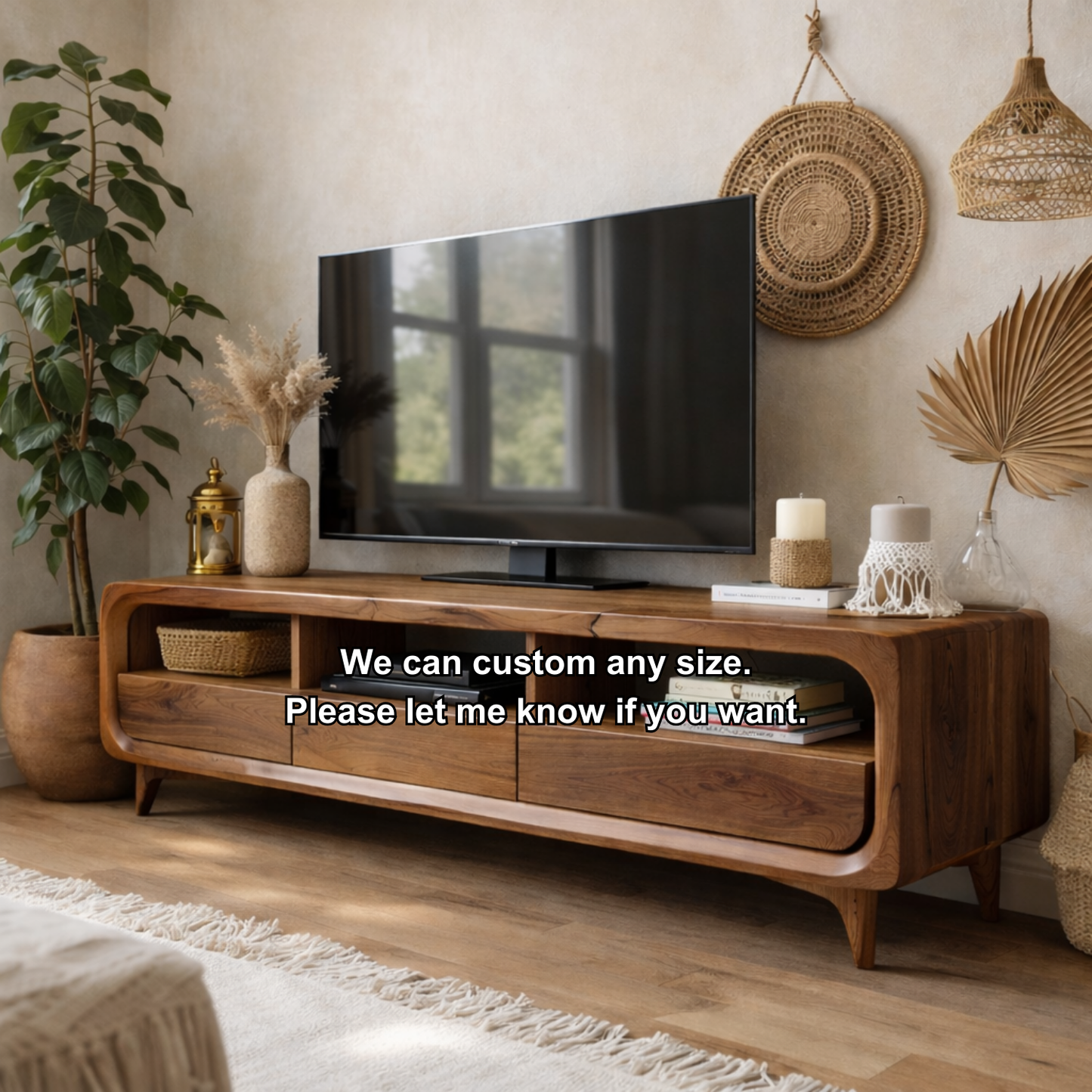 Solid Wood Mid-Century Modern TV Stand with Drawers & Open Shelves