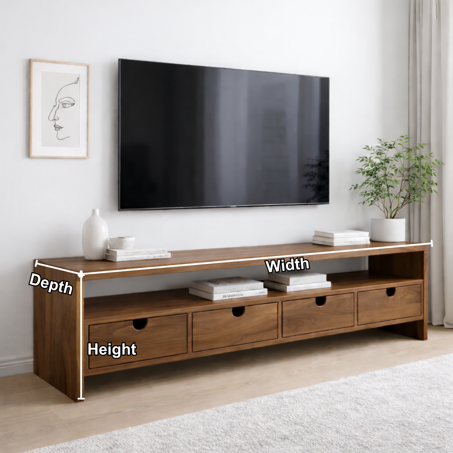 Solid Wood TV Stand with 4 Drawers & Open Shelf – Modern Low Profile Console