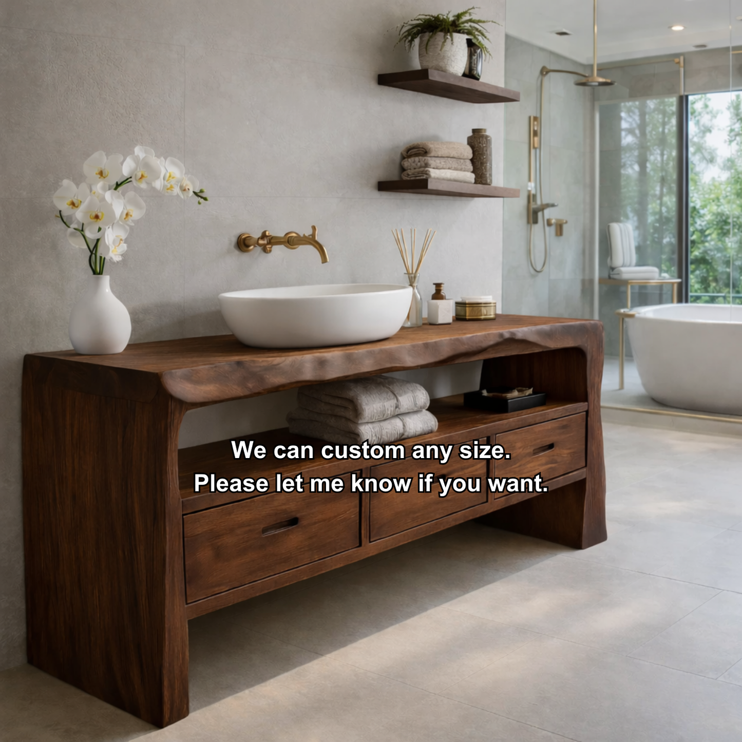 Solid Wood Bathroom Vanity with Open Shelf & Drawers – Rustic Modern Design