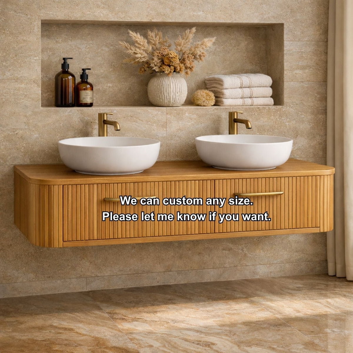 Modern Floating Bathroom Vanity with Storage – Handcrafted Wooden Design with Fluted Drawers Kitchnce