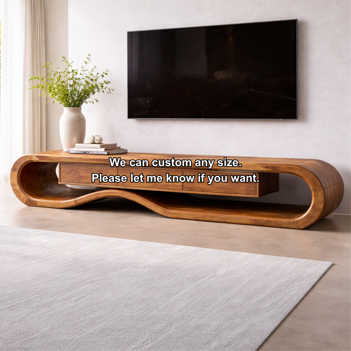 Solid Wood TV Stand with Curved Design and Ample Storage Kitchnce