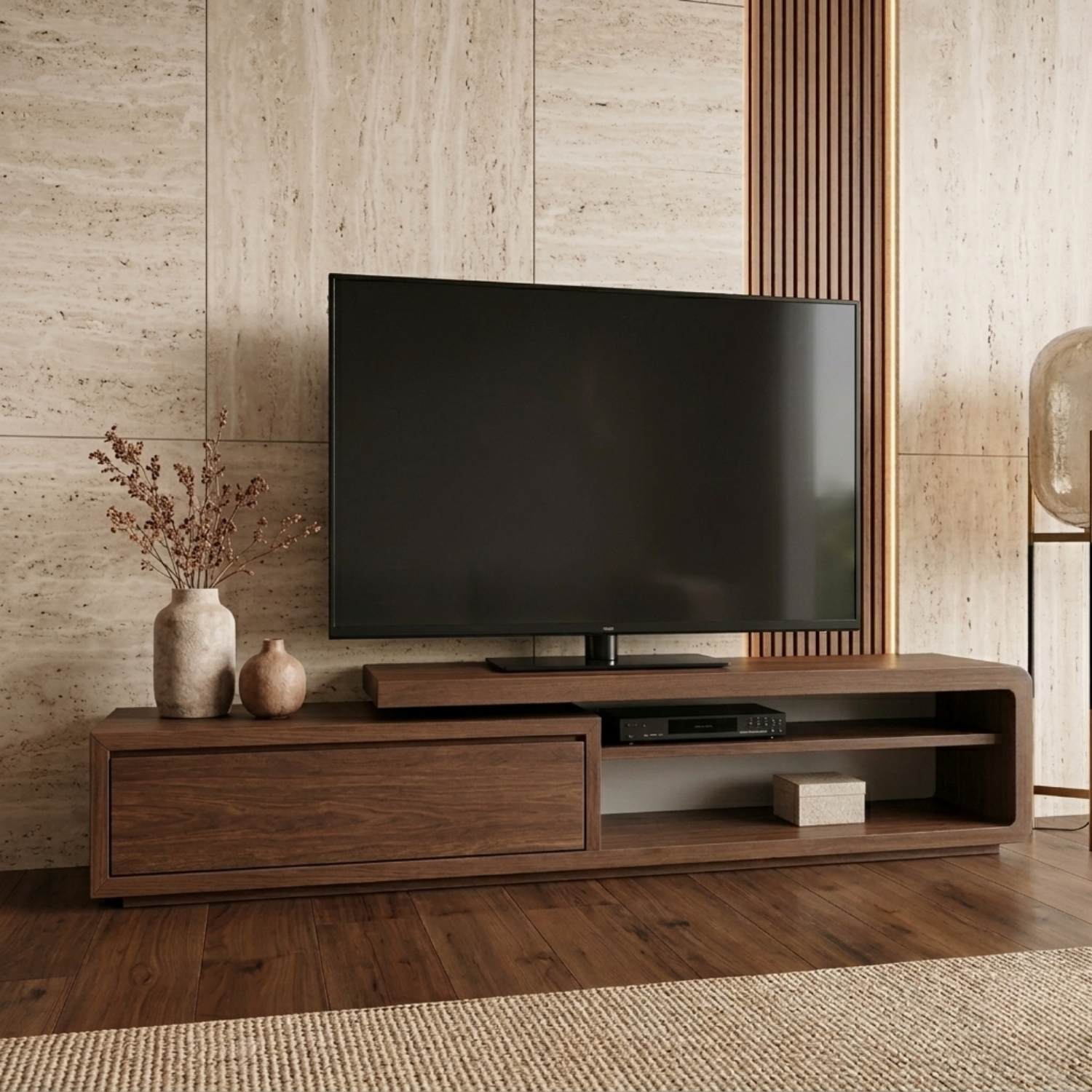 Solid Wood Low Profile TV Stand with Drawer and Open Shelf – Modern Media Console