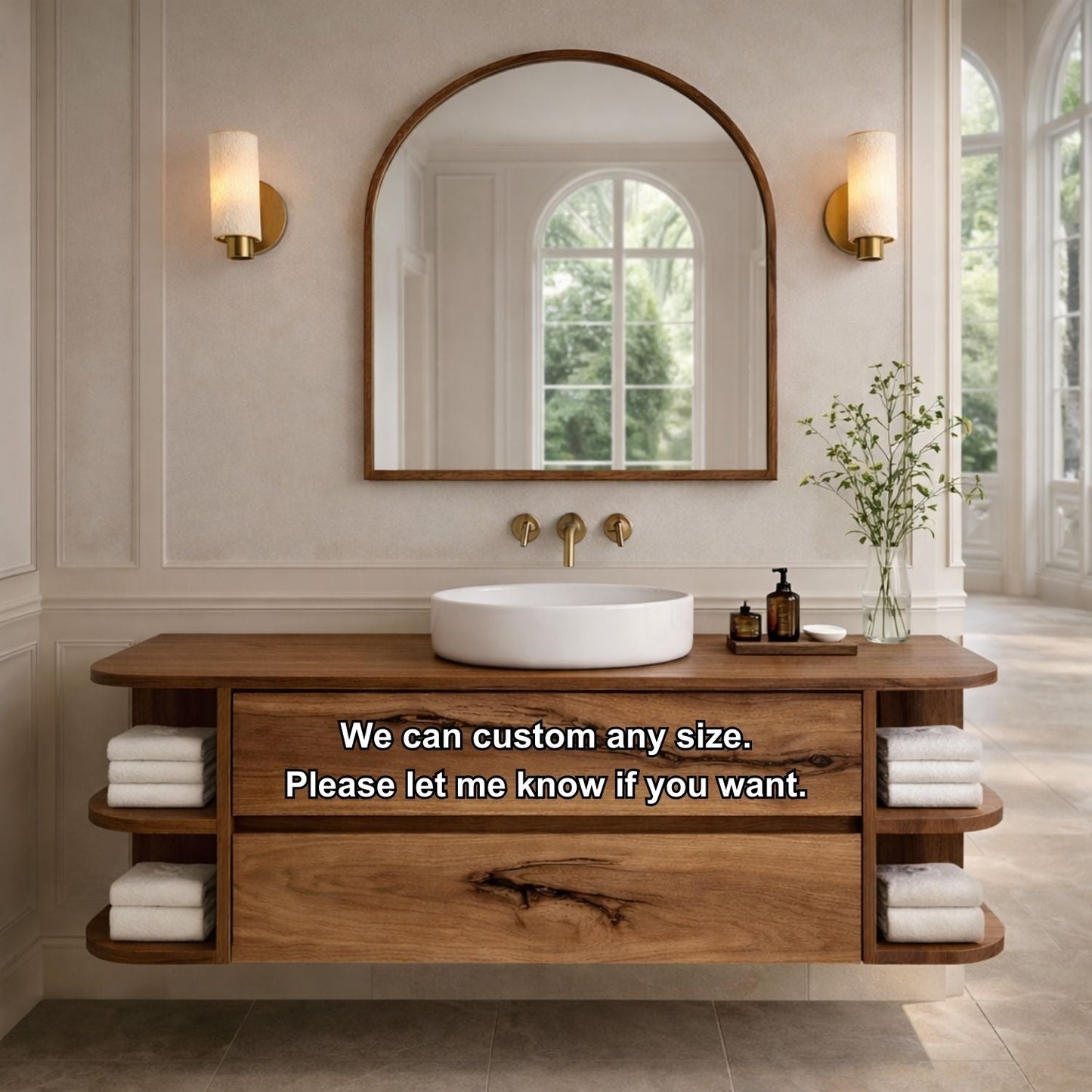 Floating Bathroom Vanity with Curved Open Shelves – Handcrafted Solid Wood Design Kitchnce