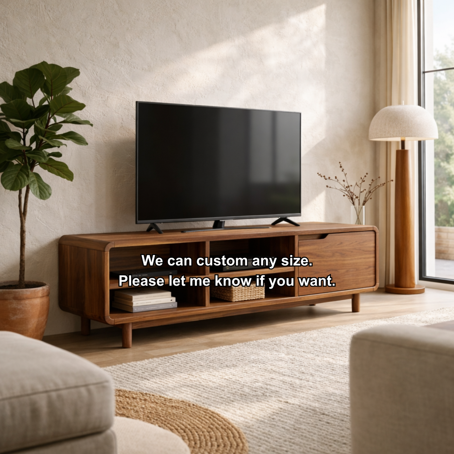 Solid Wood TV Stand with Open Shelves and Sliding Door – Mid-Century Modern Media Console Kitchnce