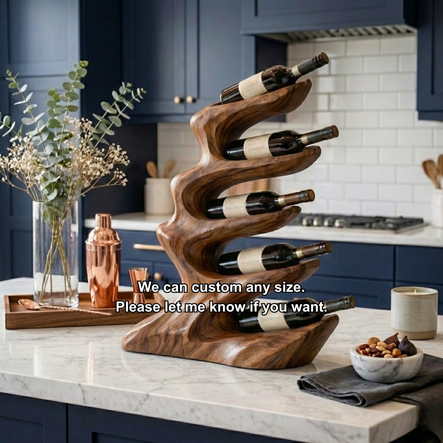 Handcrafted Solid Wood Wine Holder – Sculptural Wave Countertop Wine Rack