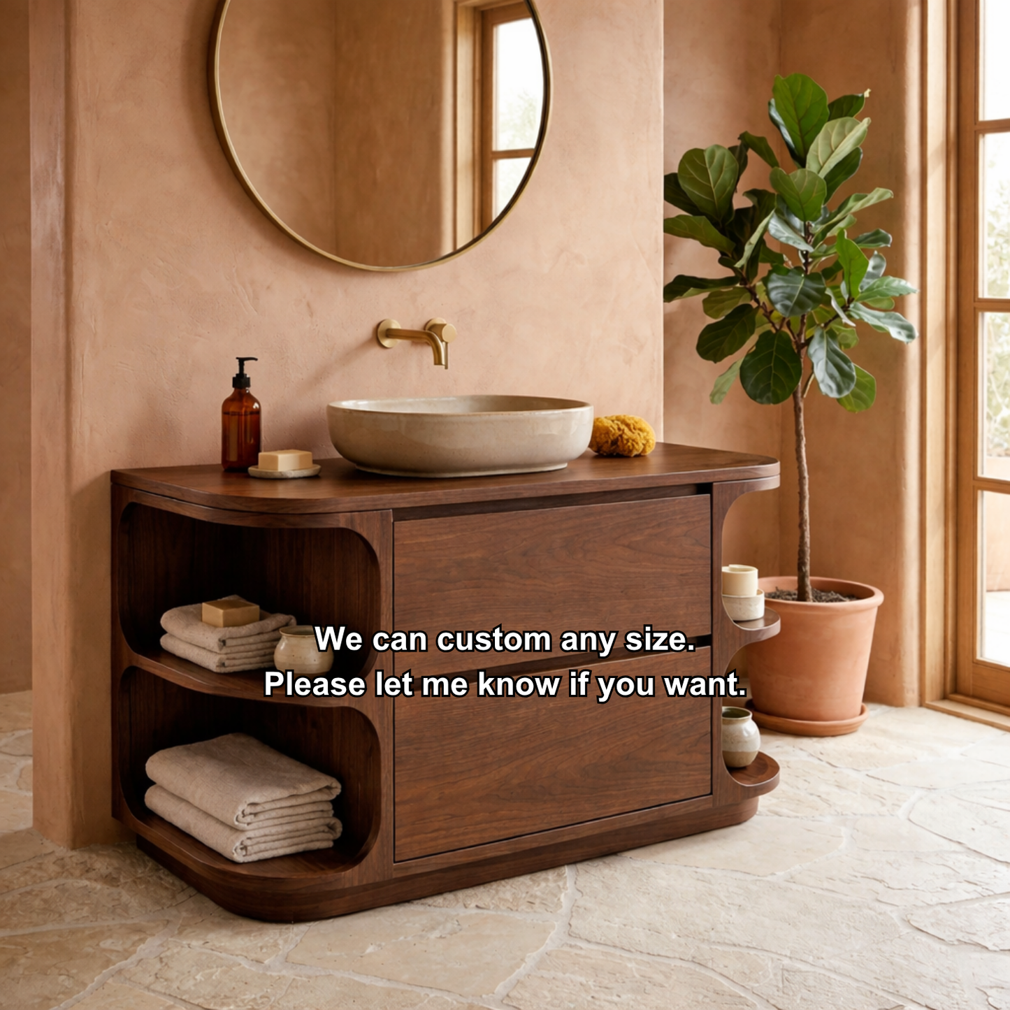 Solid Wood Bathroom Vanity with Curved Side Shelves and Two Drawers