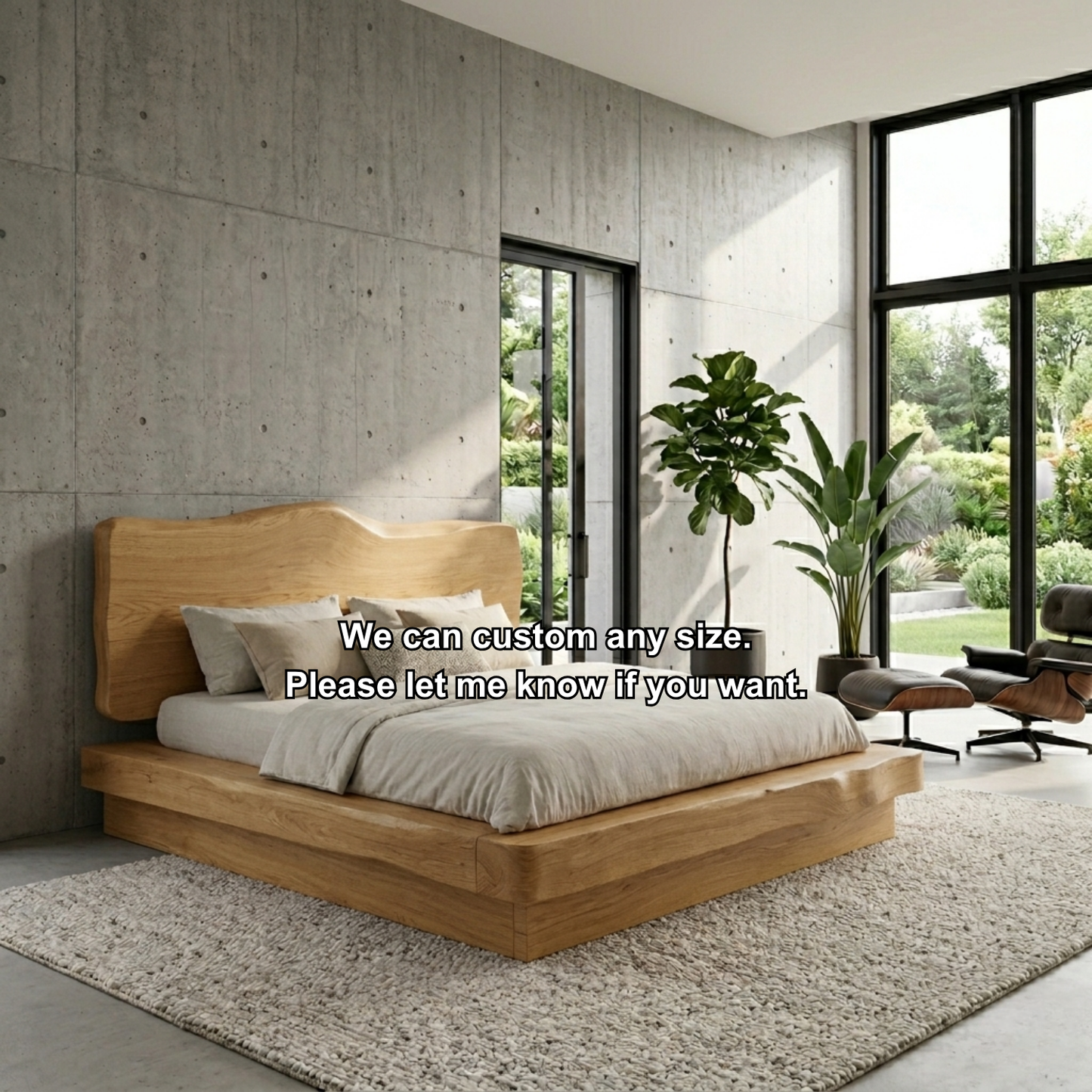 Live Edge Solid Wood Platform Bed Frame with Sculpted Natural Headboard