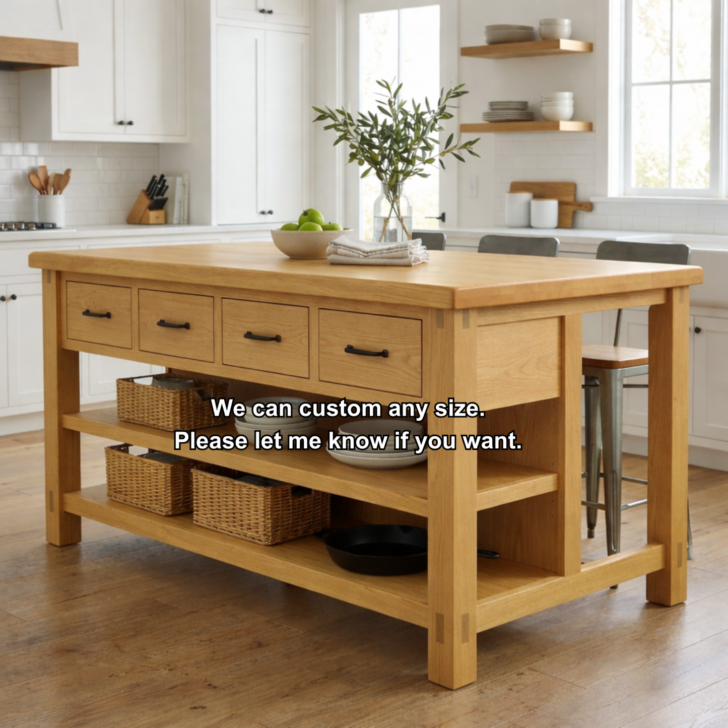 Solid Wood Kitchen Island with Drawers and Open Shelves – Farmhouse Butcher Block Prep Table Kitchnce