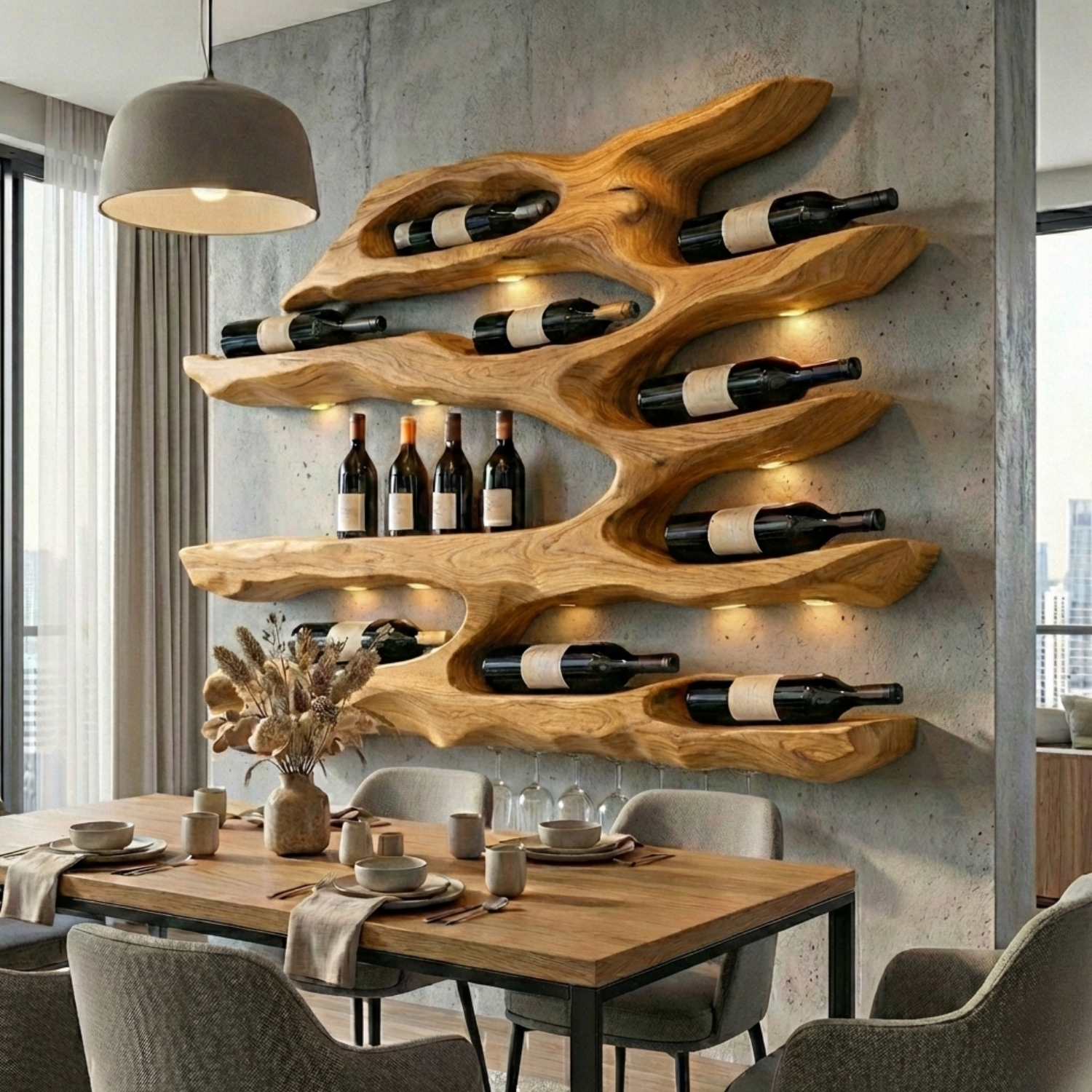 Handcrafted Solid Wood Wall Wine Holder – Live Edge Sculptural Wine Rack with Glass Holder