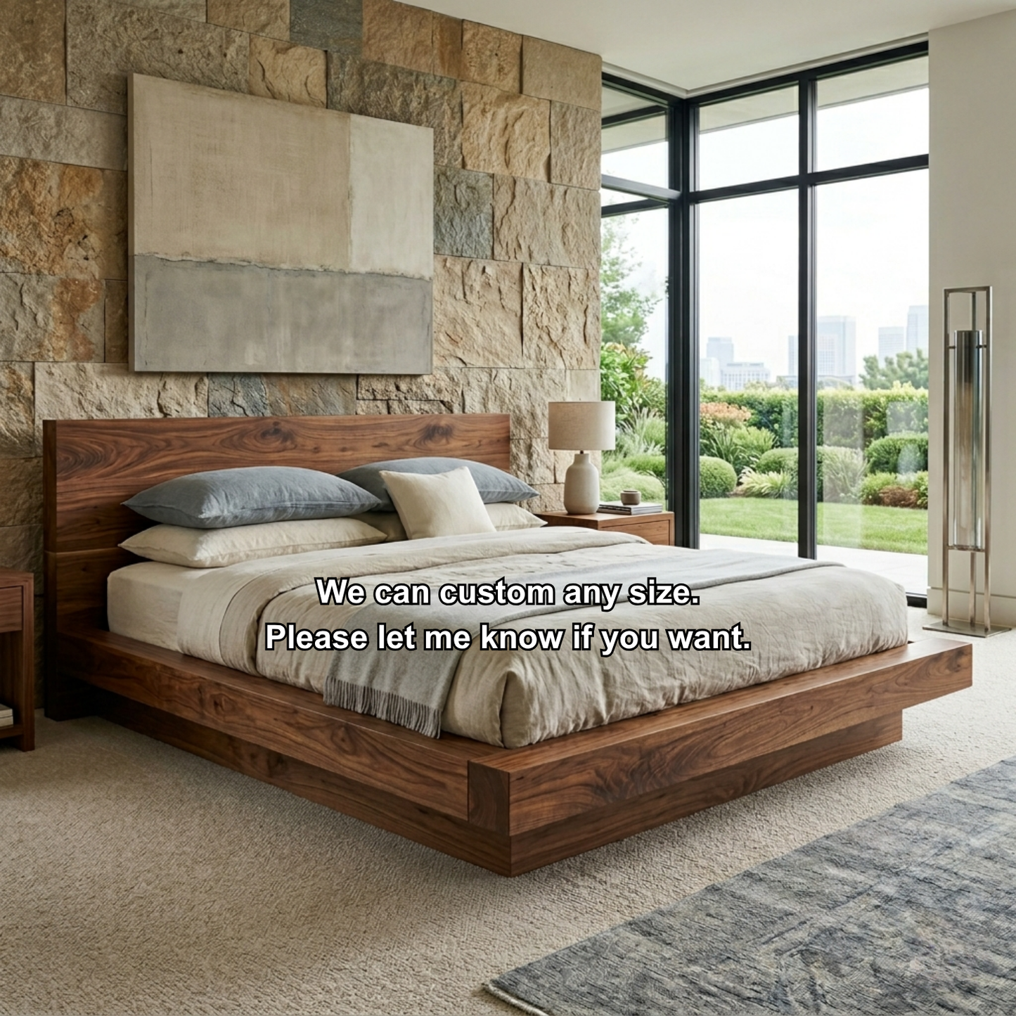 Solid Wood Platform Bed Frame with Thick Frame Base and Wide Panel Headboard