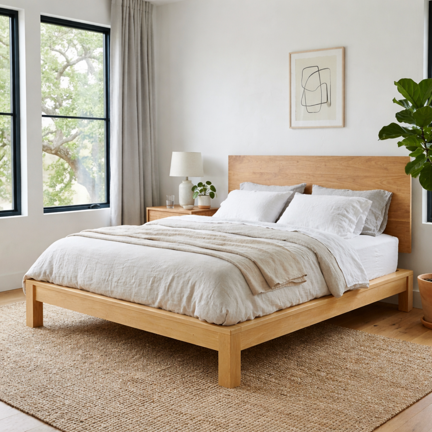 Minimalist Solid Wood Platform Bed Frame with Clean Panel Headboard