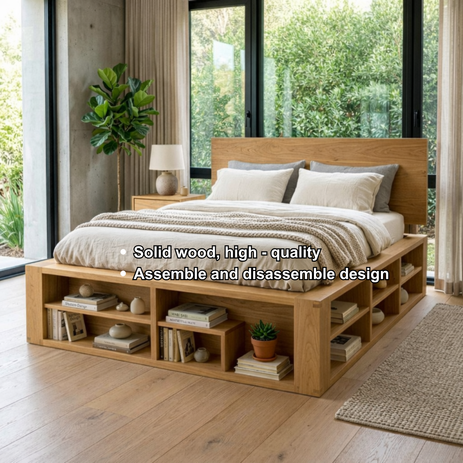 Solid Wood Platform Bed Frame with Built-In Open Shelf Storage Base