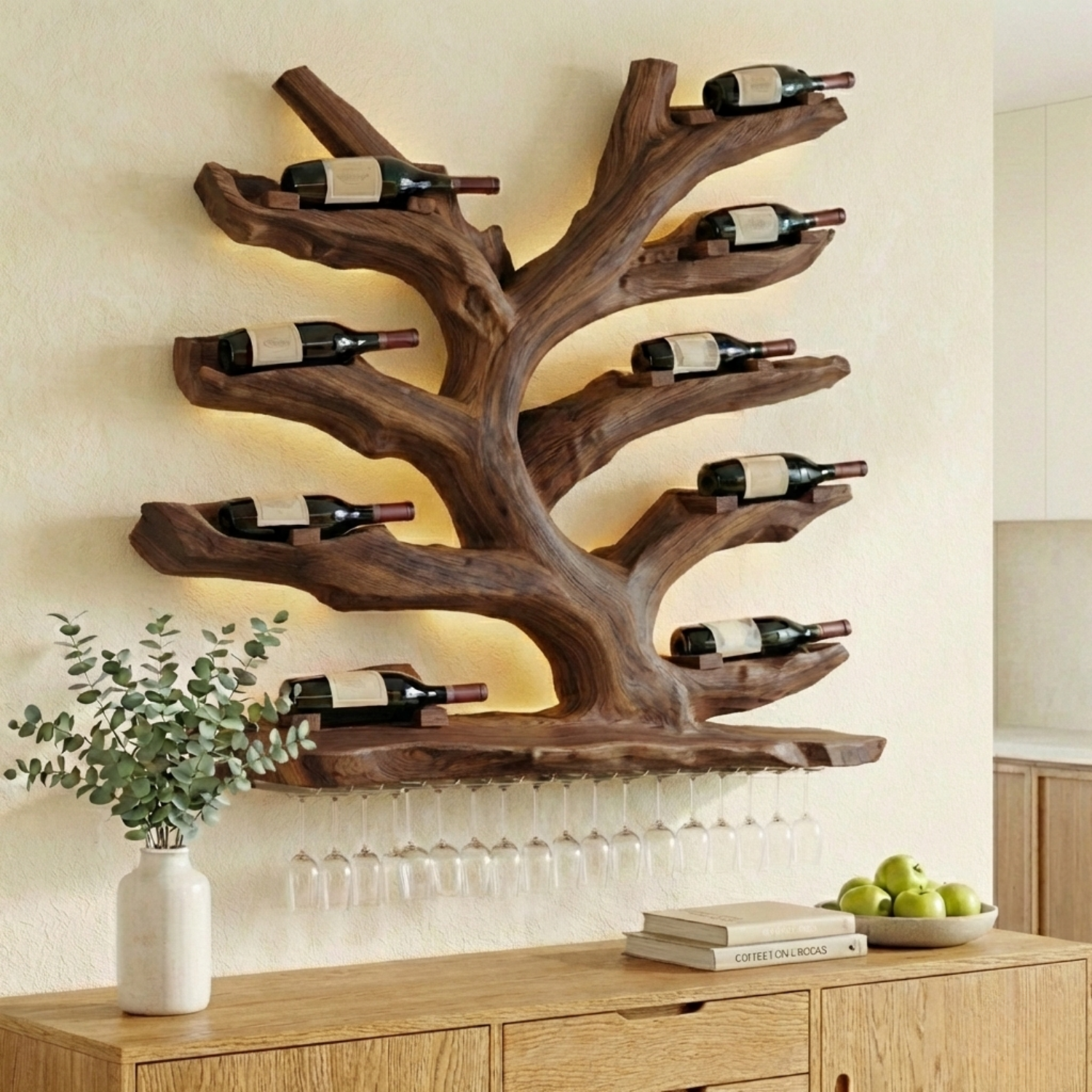 Handcrafted Solid Wood Wall Wine Holder – Tree-Inspired Wine Rack with Glass Storage