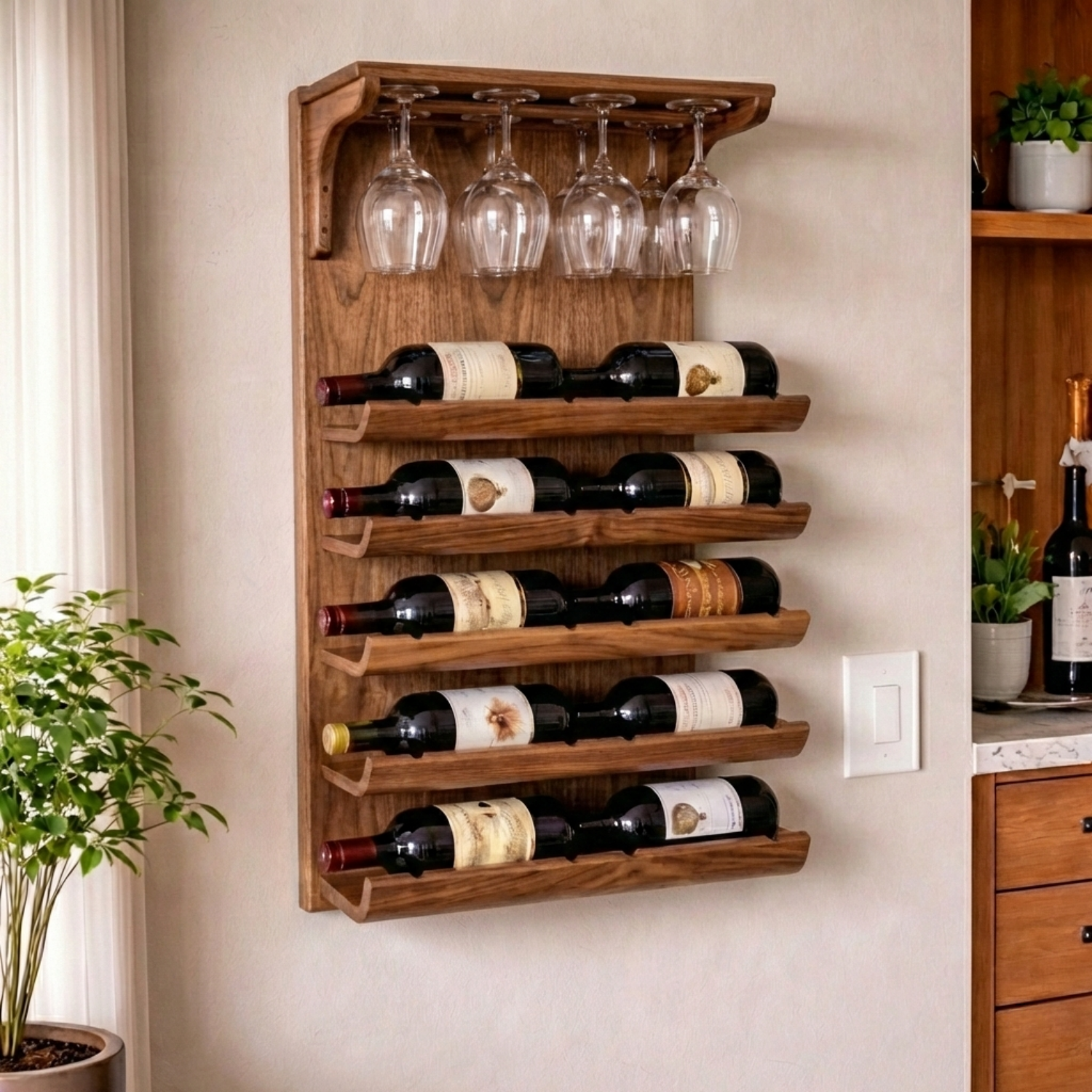 Solid Wood Wall Mounted Wine Rack with Glass Holder – Classic Home Bar Storage