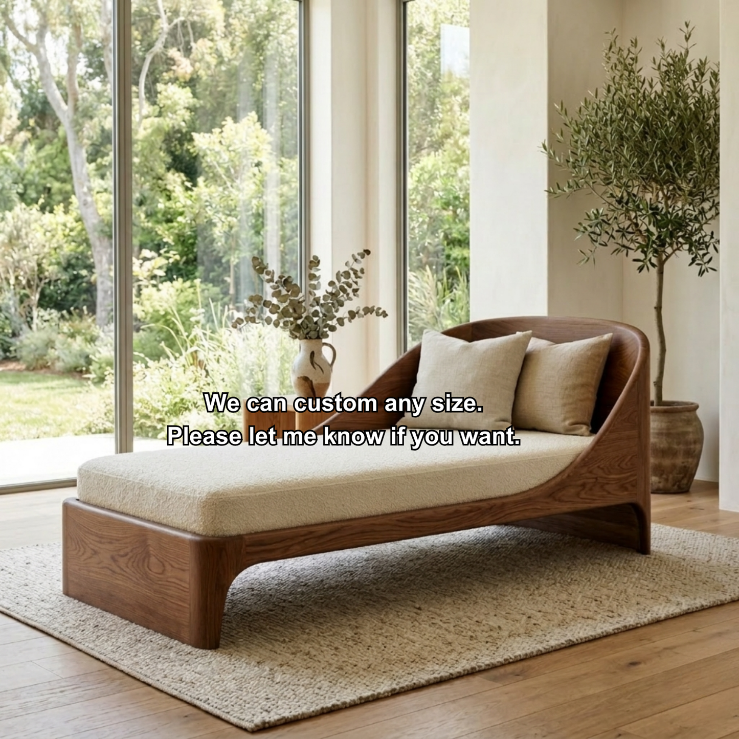 Curved Solid Wood Daybed with Sculpted Backrest – Modern Wooden Lounge Chaise