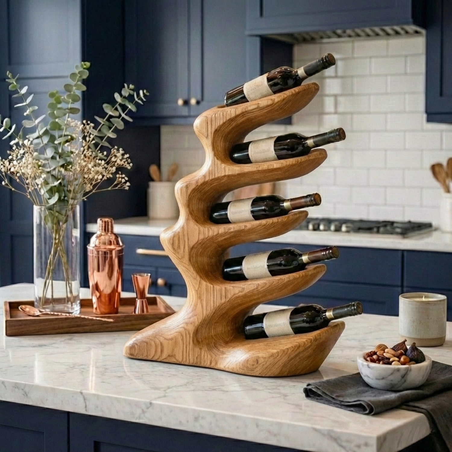 Handcrafted Solid Wood Wine Holder – Sculptural Wave Countertop Wine Rack