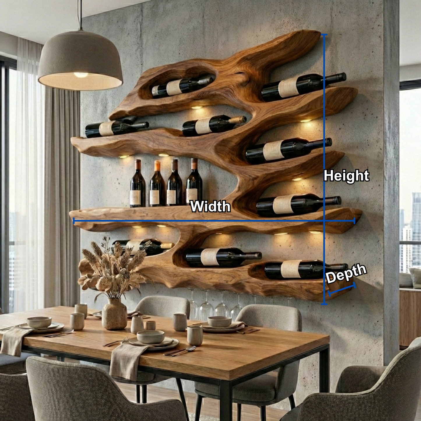Handcrafted Solid Wood Wall Wine Holder – Live Edge Sculptural Wine Rack with Glass Holder