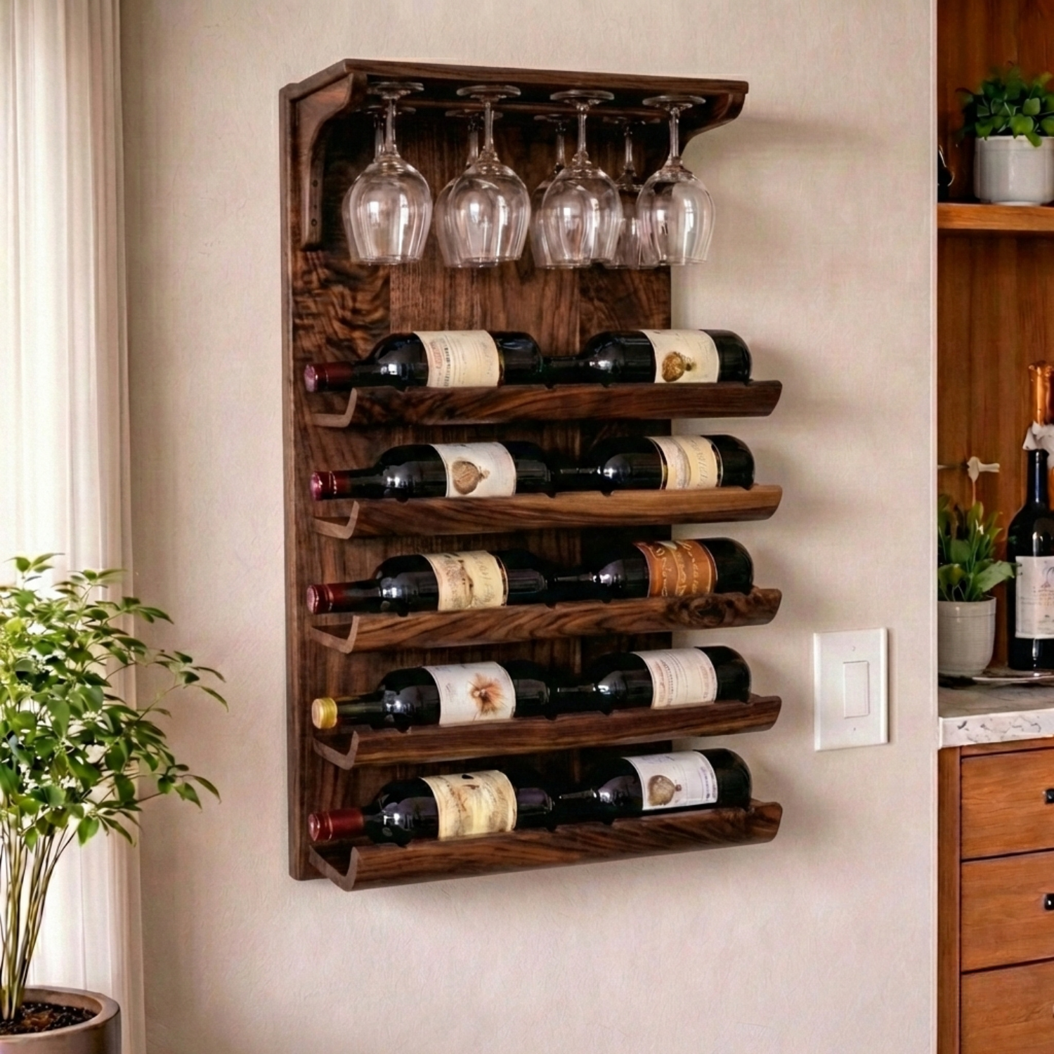 Solid Wood Wall Mounted Wine Rack with Glass Holder – Classic Home Bar Storage