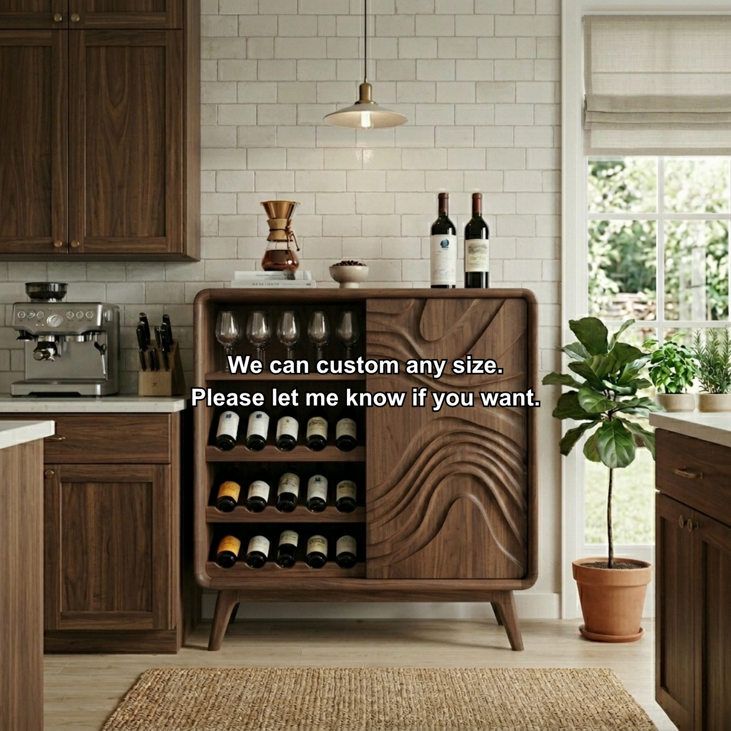 Handcrafted Solid Wood Wine Cabinet with Wave Pattern Storage and Glassware Holder