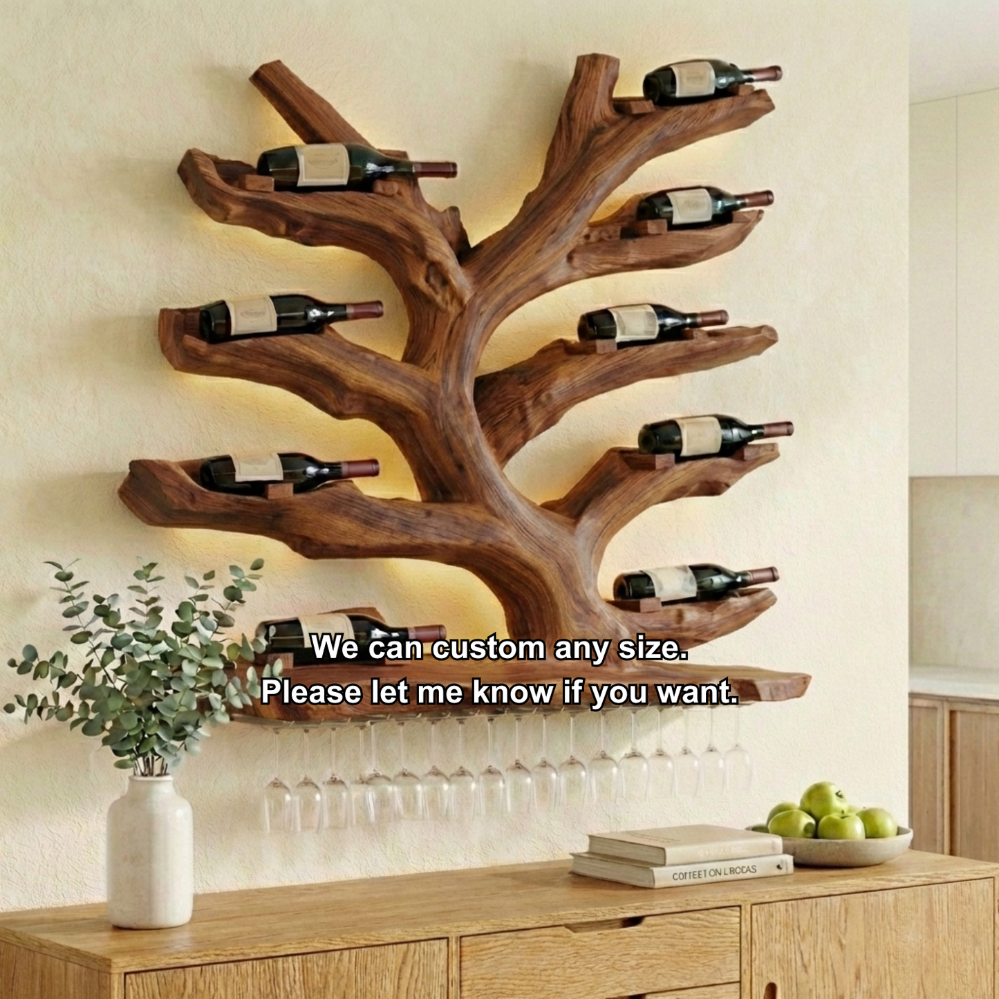 Handcrafted Solid Wood Wall Wine Holder – Tree-Inspired Wine Rack with Glass Storage