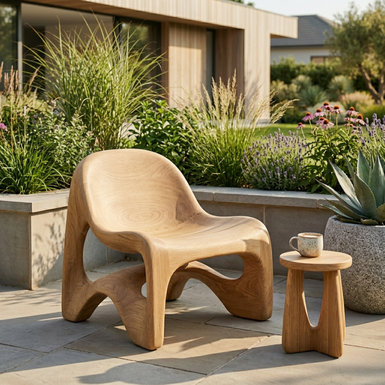 Sculptural Solid Wood Lounge Chair with Organic Curved Design
