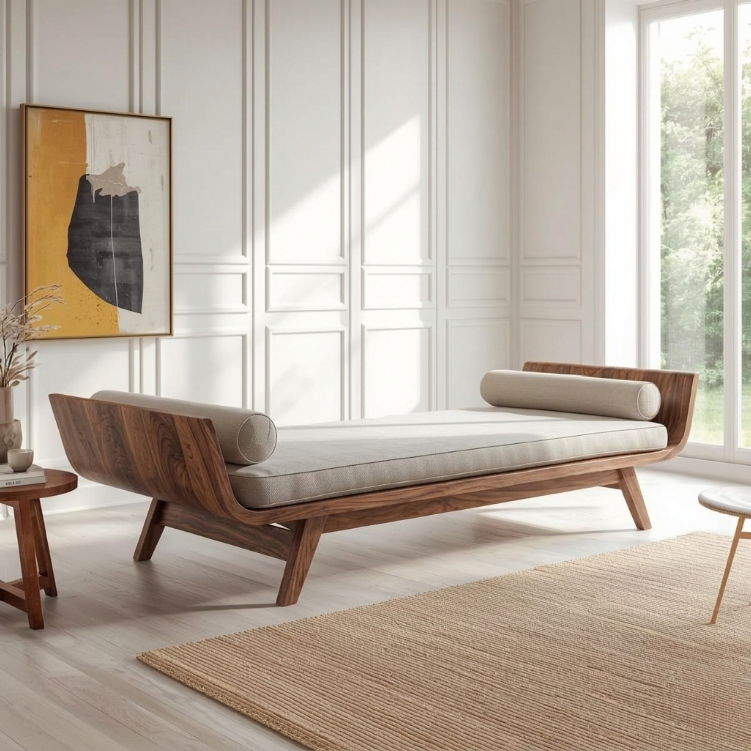 Solid Wood Daybed with Curved Side Panels and Angled Legs – Modern Sculptural Lounge Bed