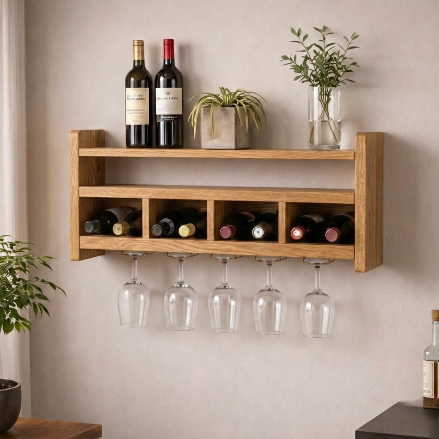 Handcrafted Wooden Wall Wine Rack with Glass Holder – Modern Home Bar Shelf