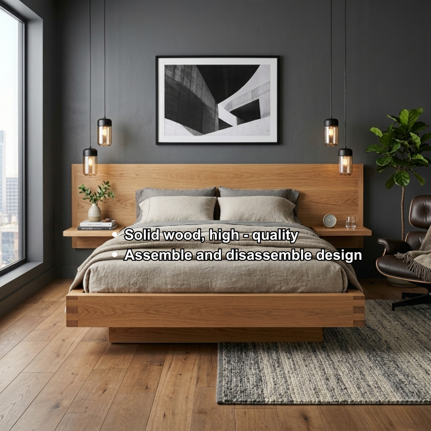 Solid Wood Platform Bed Frame with Extended Headboard Shelf