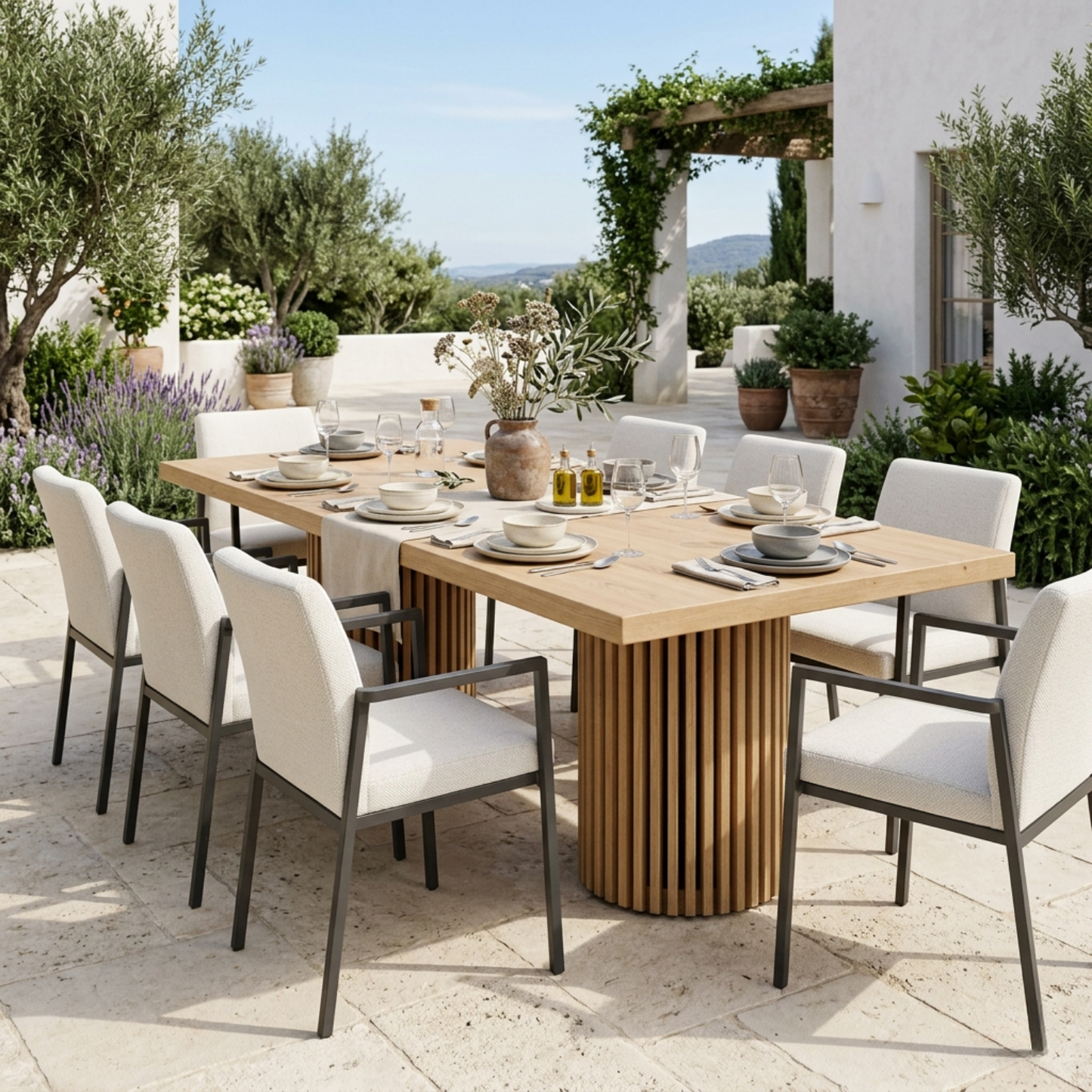 Rectangular Solid Wood Outdoor Dining Table with Fluted Pedestal Base
