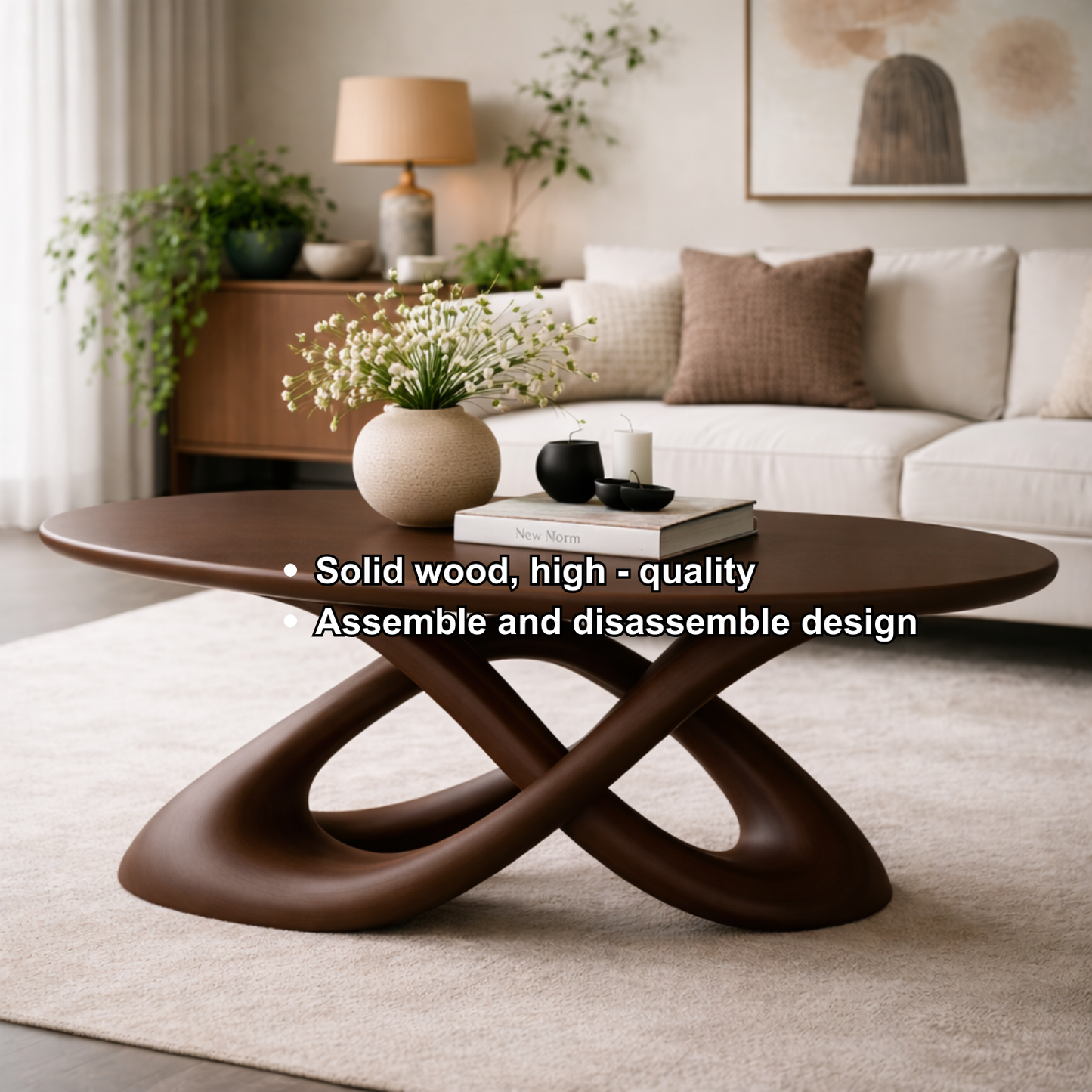 Solid Wood Sculptural Coffee Table with Curved Base