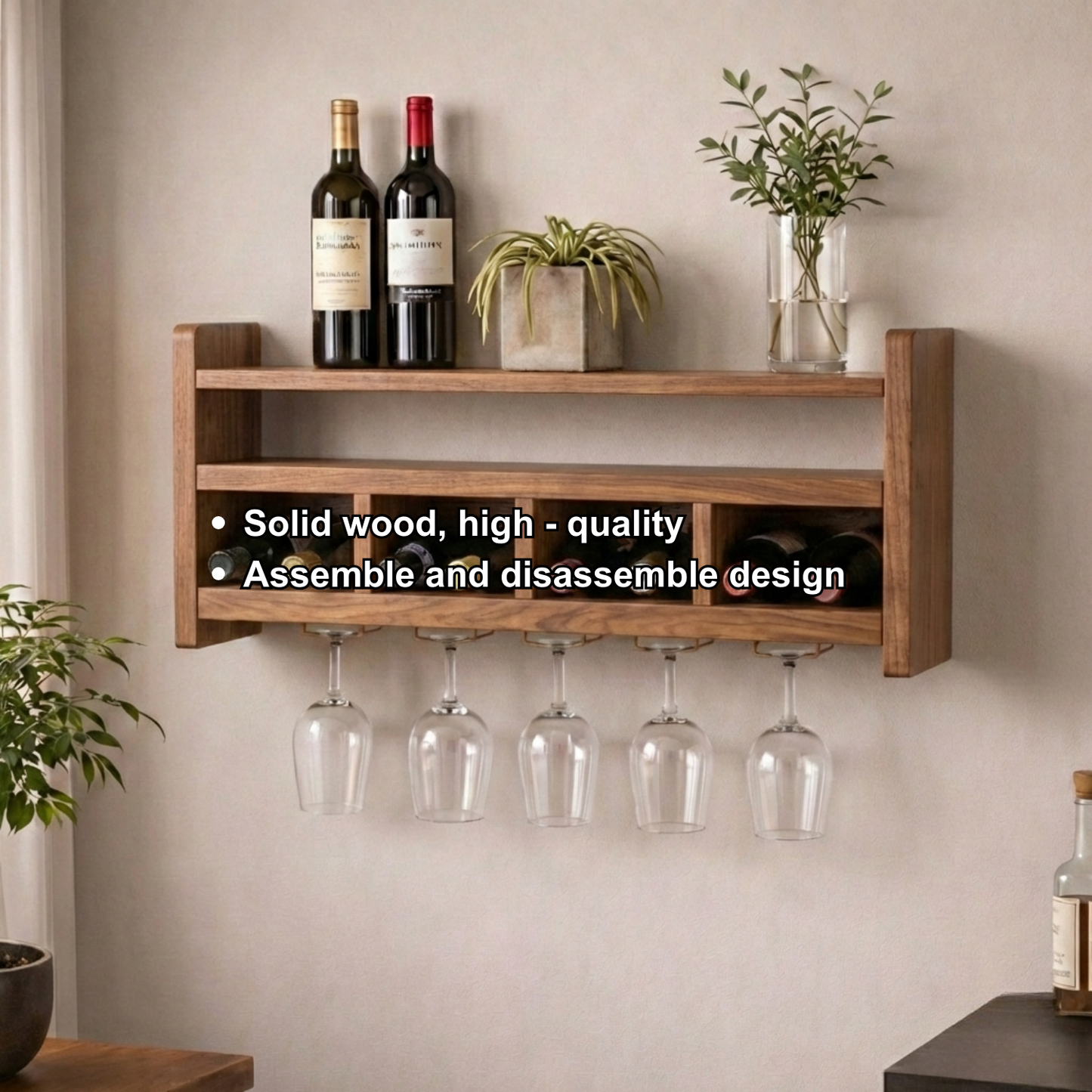 Handcrafted Wooden Wall Wine Rack with Glass Holder – Modern Home Bar Shelf