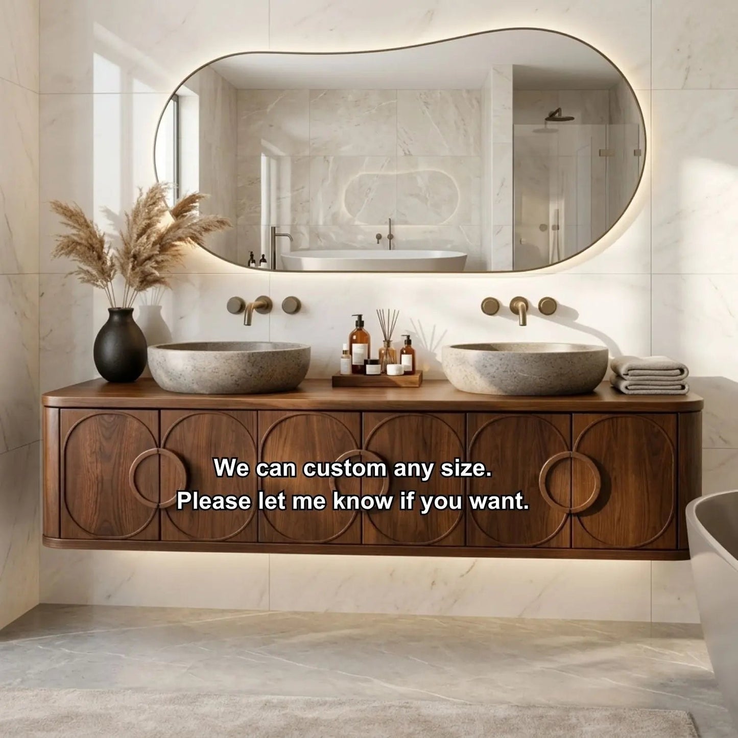 Floating Bathroom Vanity with Circular Carved Doors and Sculptural Ring Handles Kitchnce