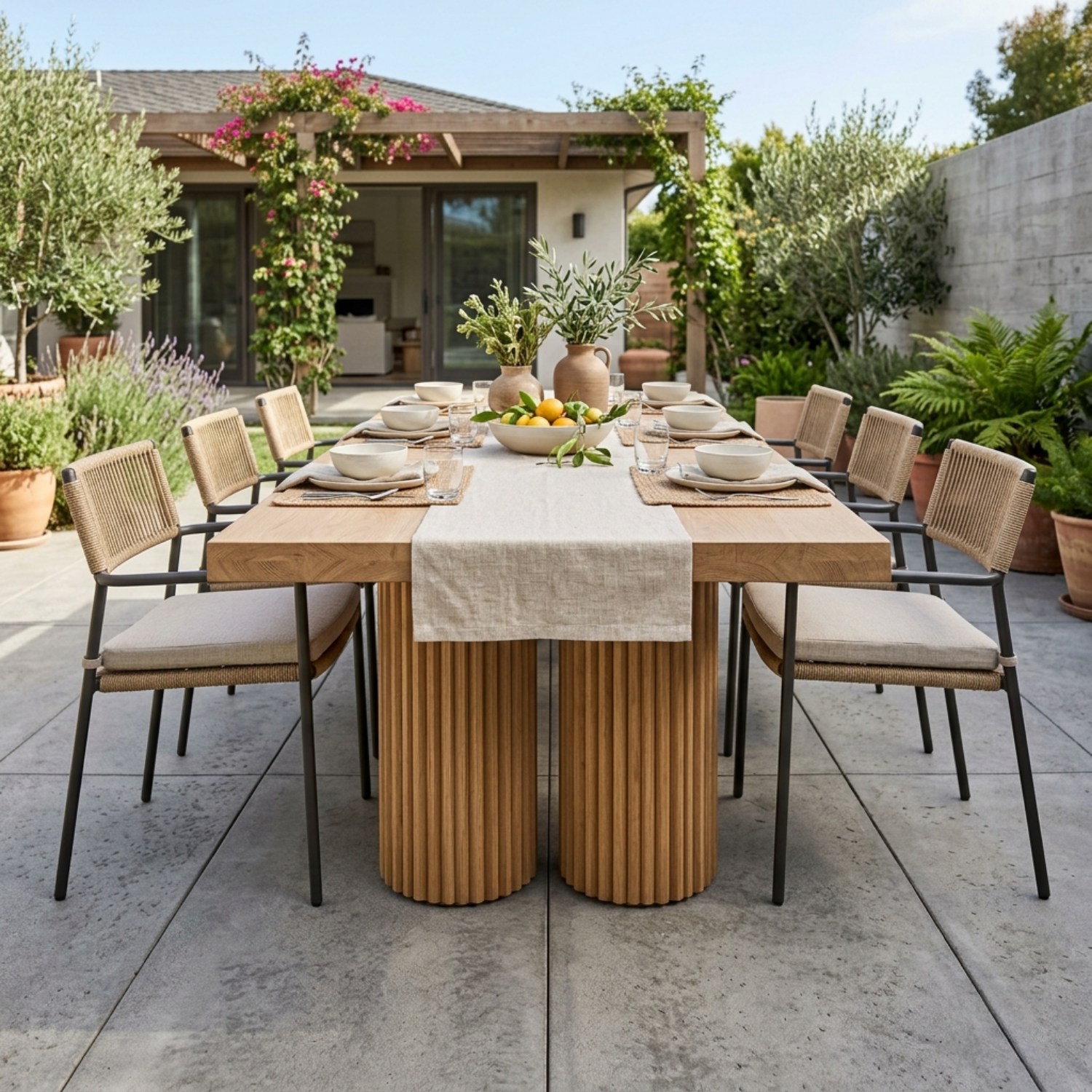 Rectangular Solid Wood Outdoor Dining Table with Double Fluted Pedestal Bases