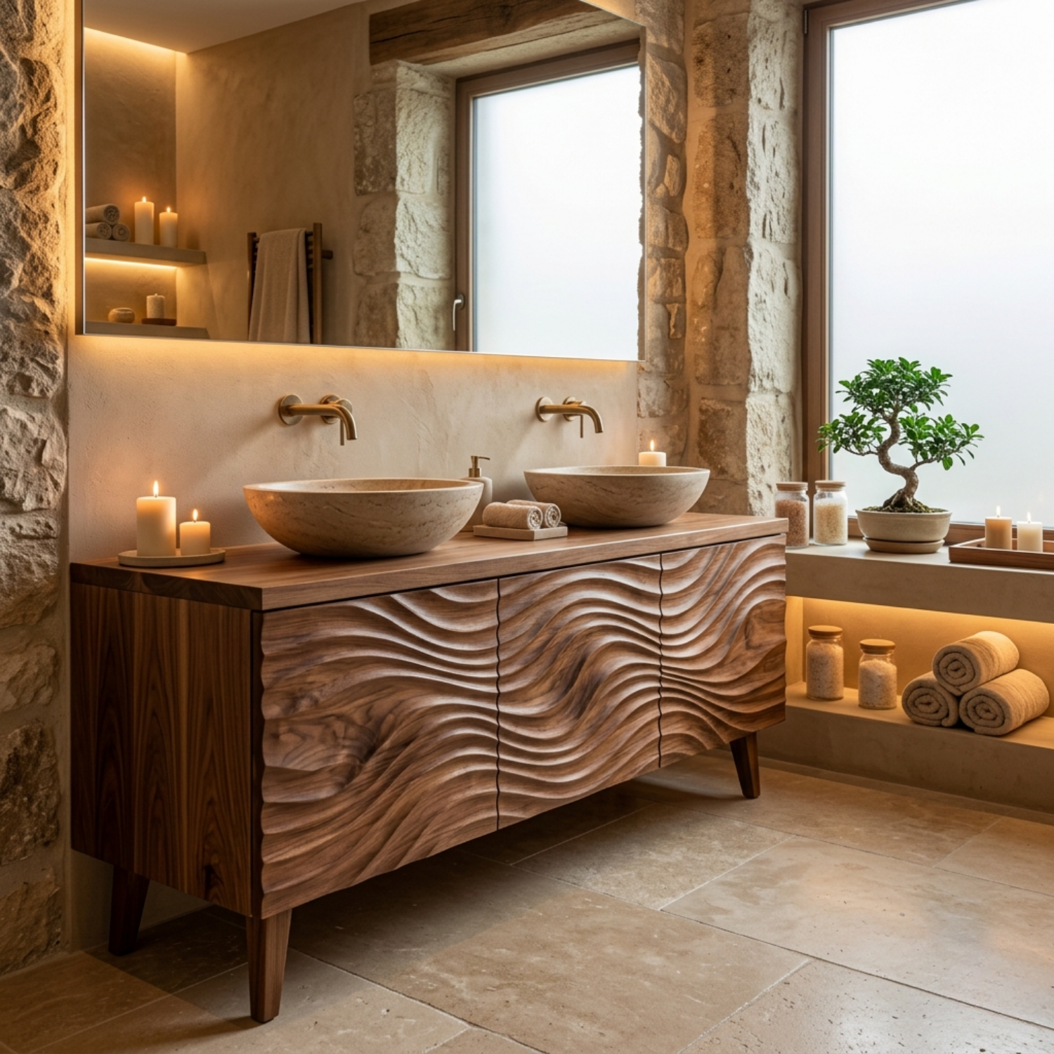 Solid Wood Bathroom Vanity with 3D Wave Carving & Legs – Rustic Spa Style