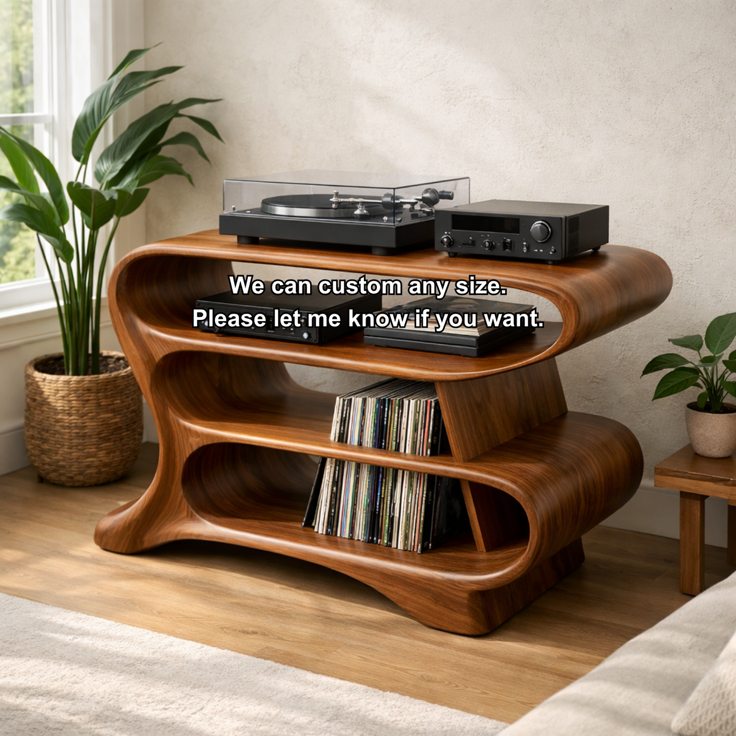 Wave-Shaped Solid Wood Record Player Stand with Open Vinyl Storage Shelves Kitchnce