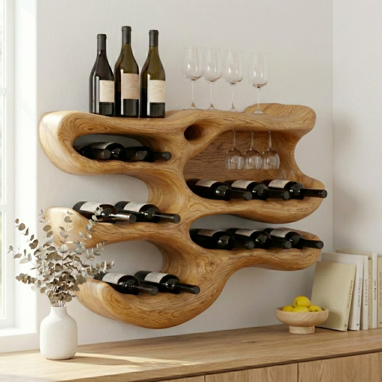 Handcrafted Solid Wood Wall Wine Holder – Sculptural Wine Rack with Glass Storage