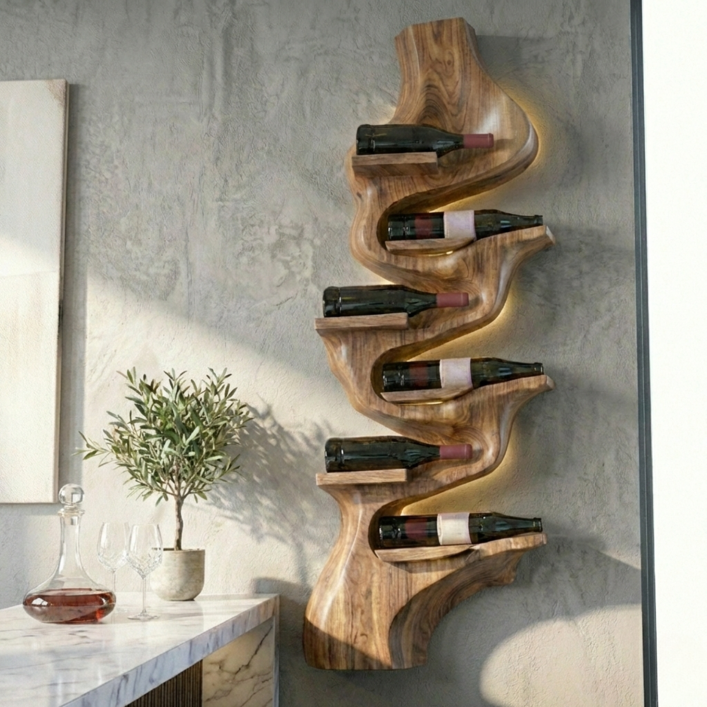 Handcrafted Solid Wood Vertical Wine Holder – Sculptural Wall Mounted Wine Rack