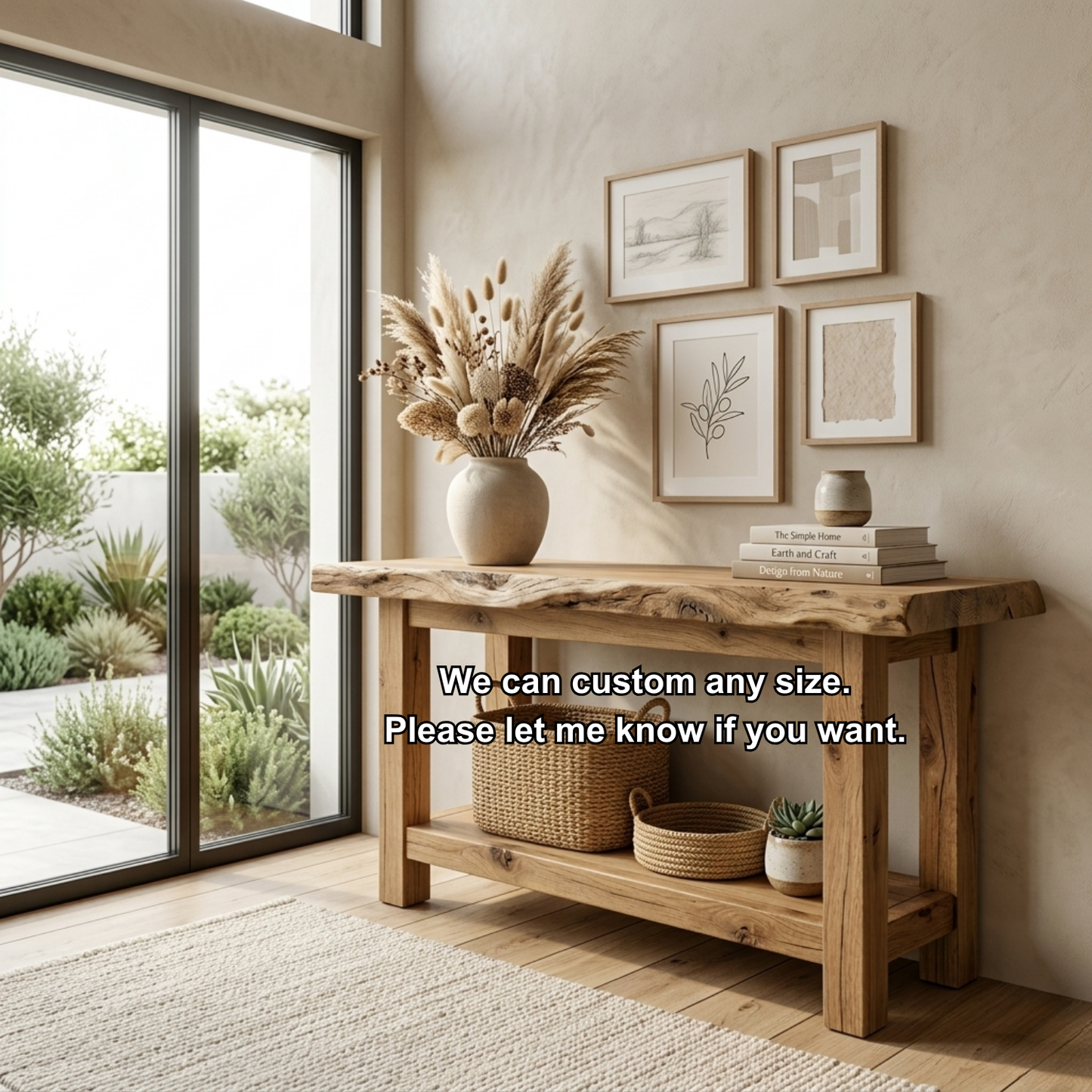 Live Edge Solid Wood Console Table with Shelf – Rustic Natural Entryway Table