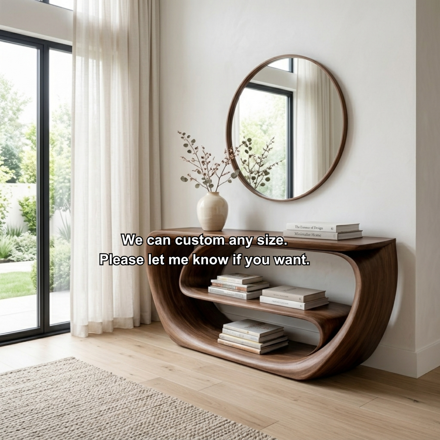 Curved Solid Wood Console Table with Open Shelves – Sculptural Modern Entryway Table