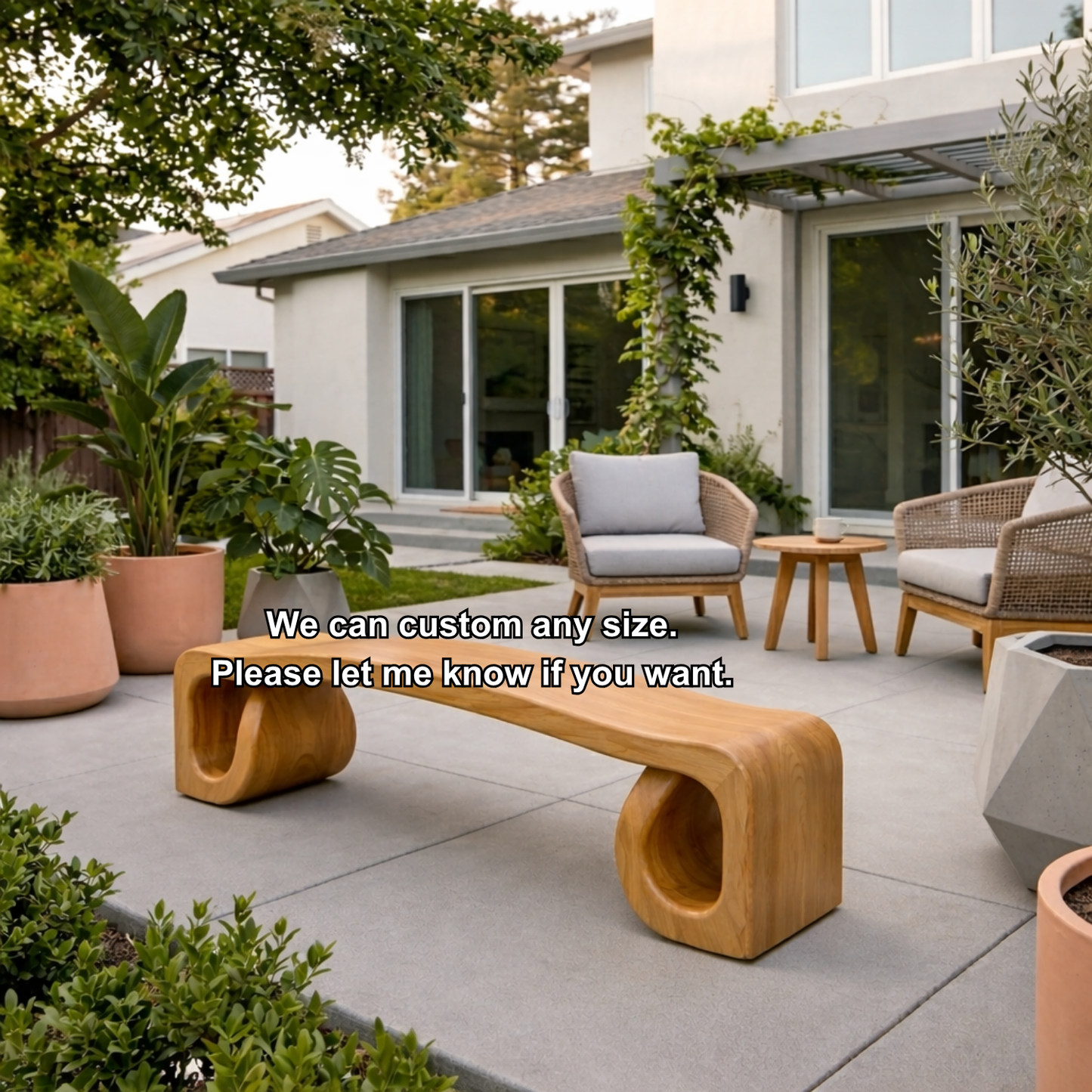Solid Wood Outdoor Bench with Sculpted Wave Seat and Hollow Base Design