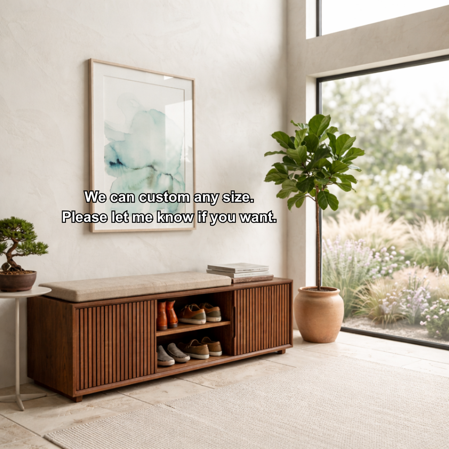 Solid Wood Shoe Storage Bench with Slatted Doors & Open Shelf – Modern Entryway Bench