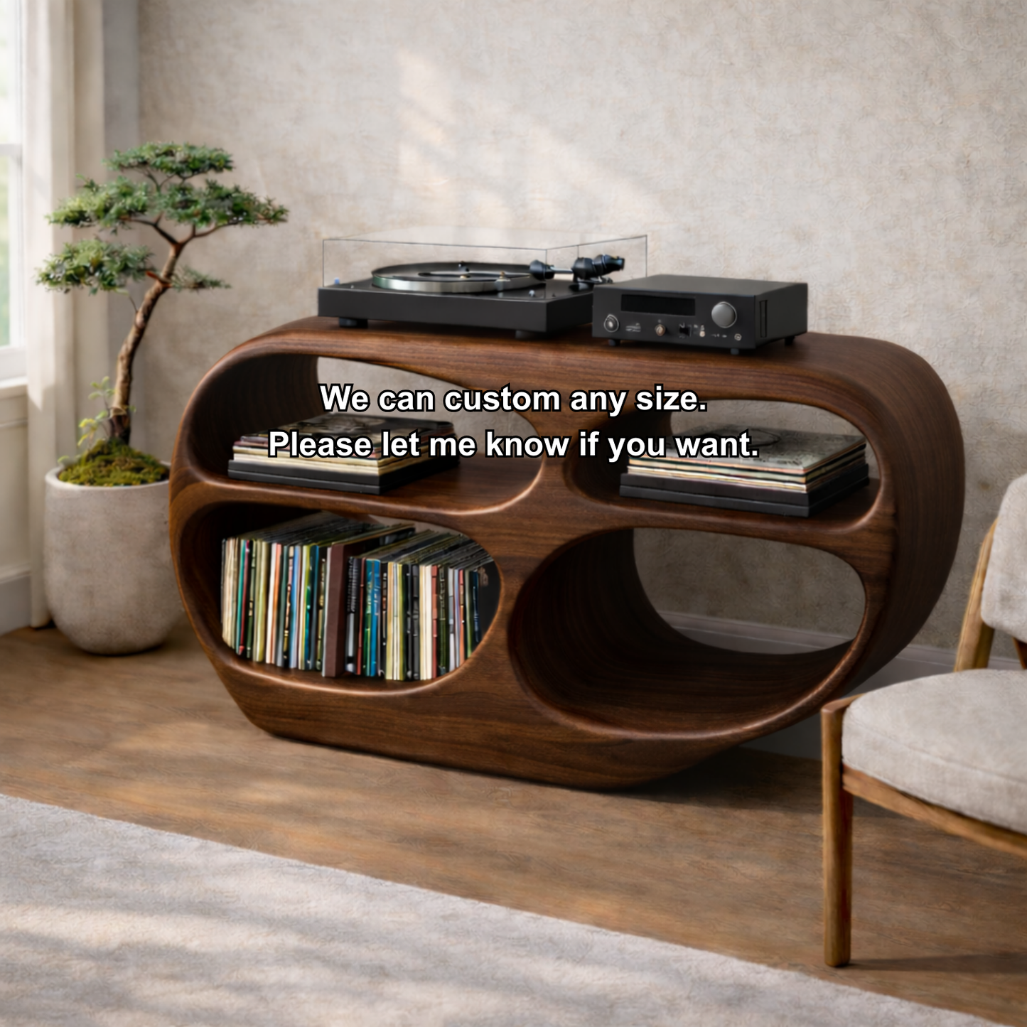 Organic Oval Solid Wood Record Player Stand with Open Vinyl Storage Kitchnce