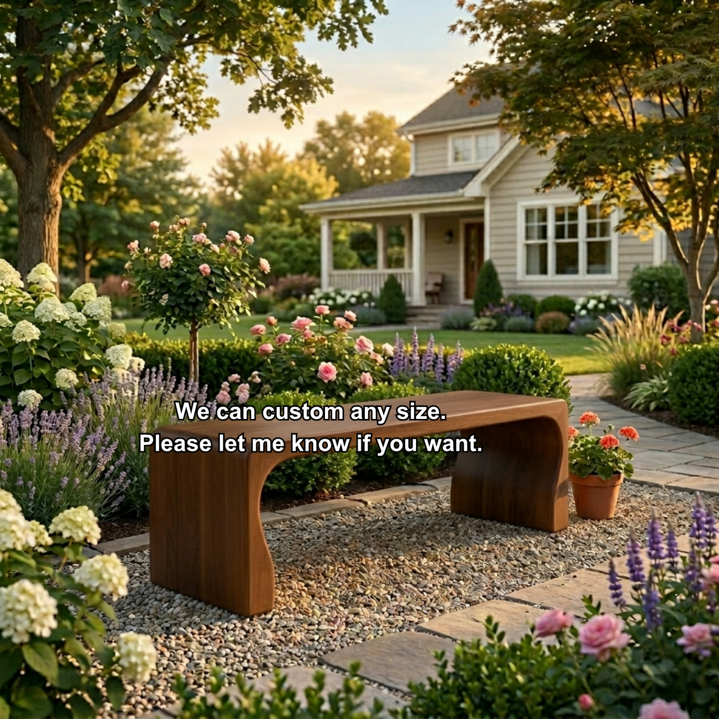 Solid Wood Outdoor Bench with Curved Waterfall Frame and Soft Rounded Edges