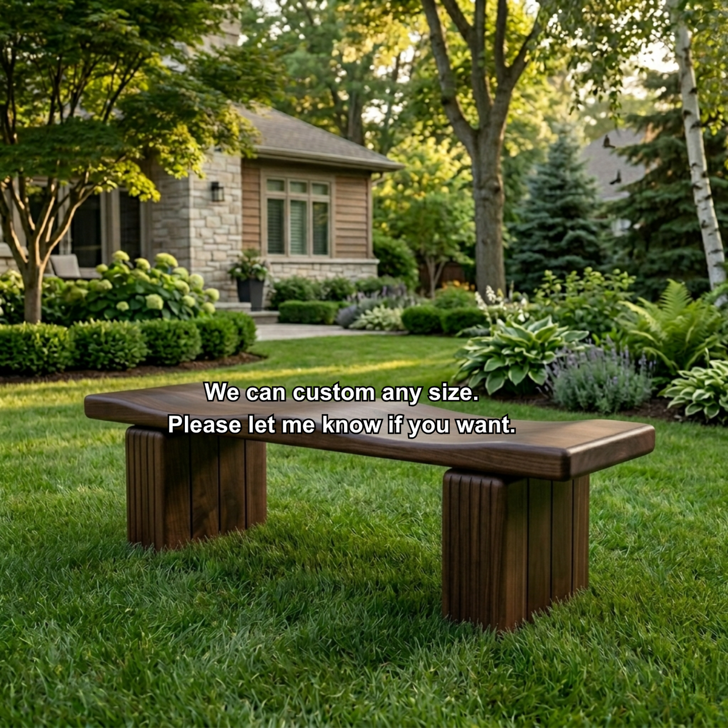Solid Wood Outdoor Bench with Sculpted Wave Seat and Fluted Block Legs