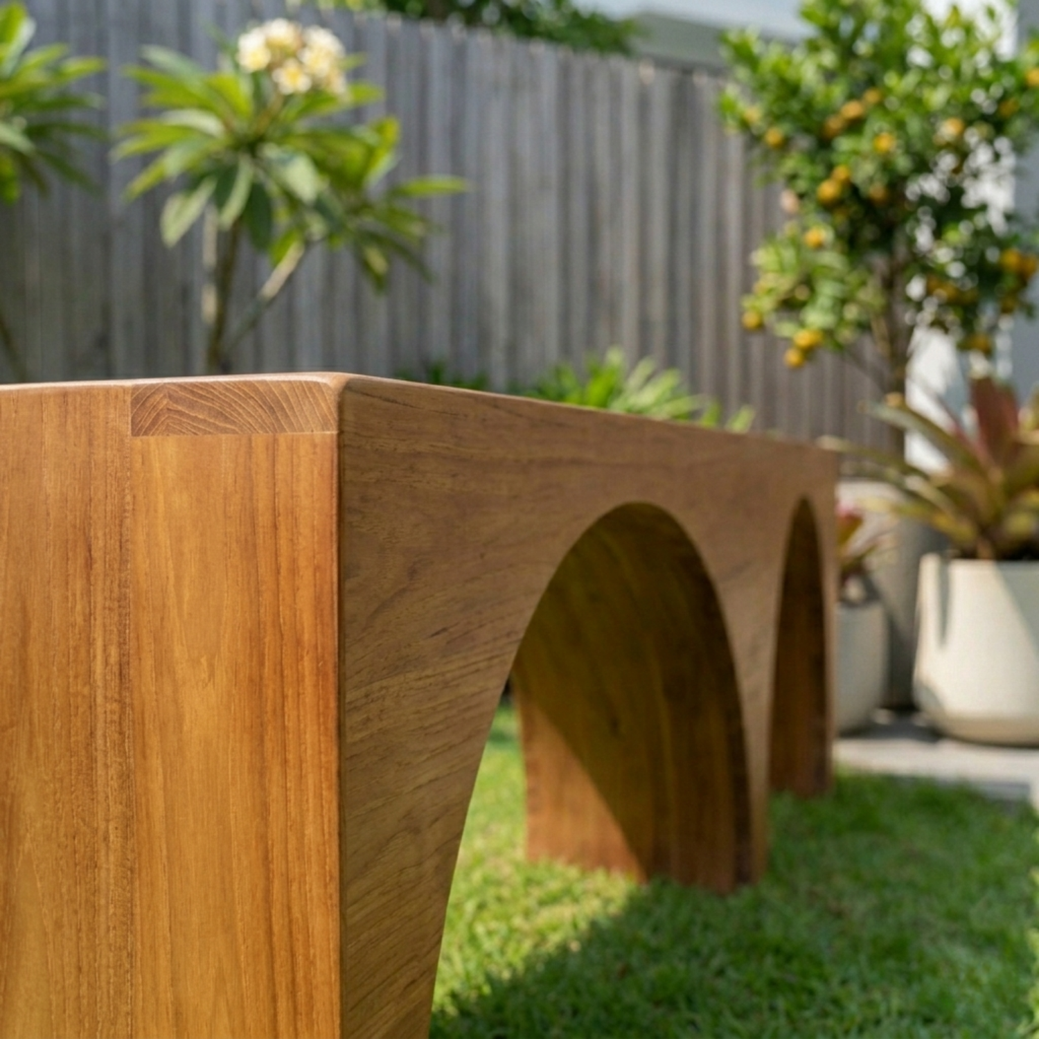 Solid Wood Outdoor Bench with Double Arch Base Minimalist Rectangular Design