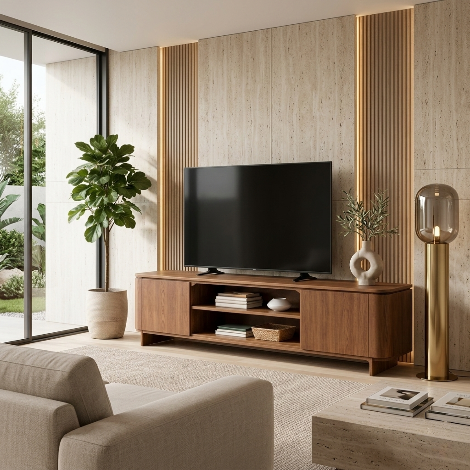 Modern Solid Wood TV Stand with Cabinets and Open Shelf – Low Profile Media Console